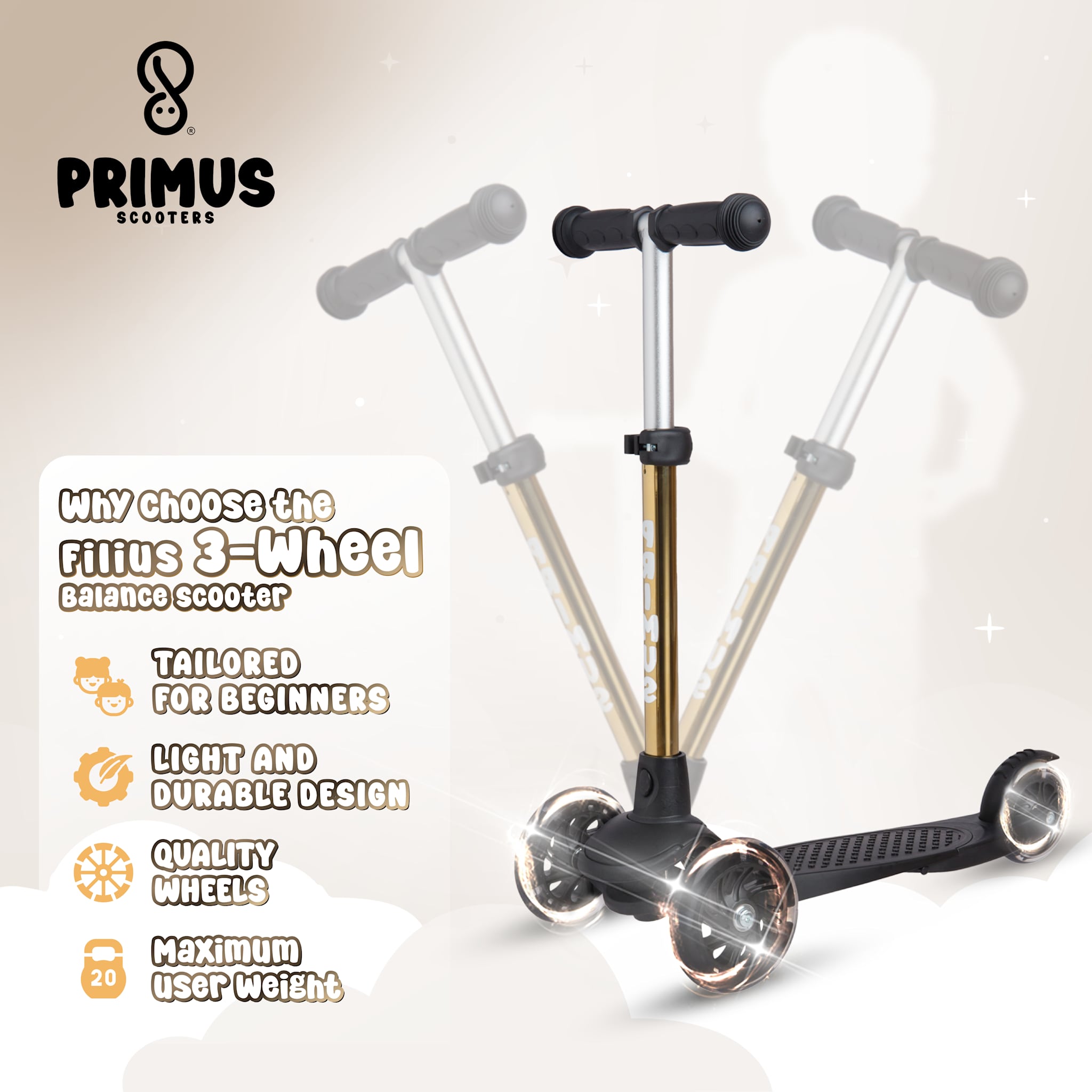 Primus Filius Trehjulig Sparkcykel - Gold Chrome-ScootWorld.se