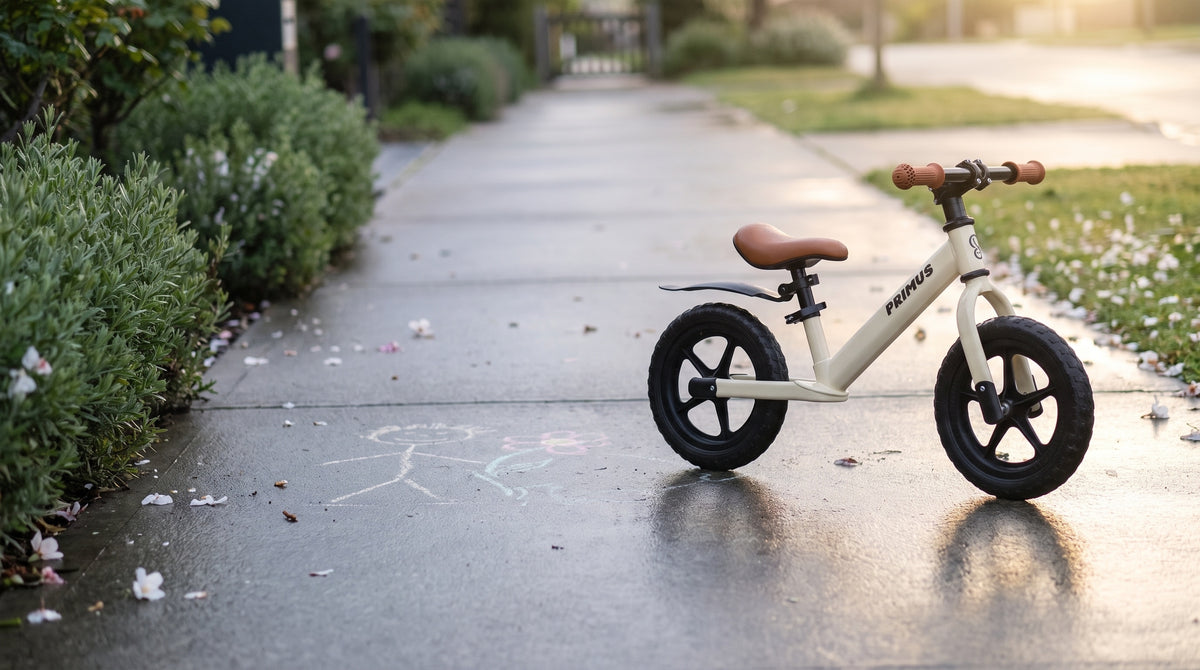 Primus springcykel på en trädgårdsgång en tidig morgon